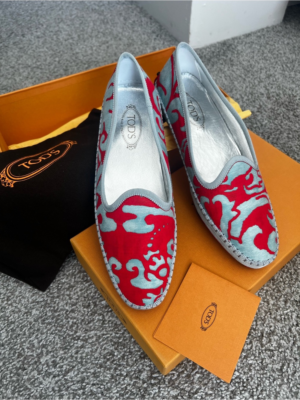 Tod's Men's Red and Light Blue Velvet Slip-On Loafers size 7